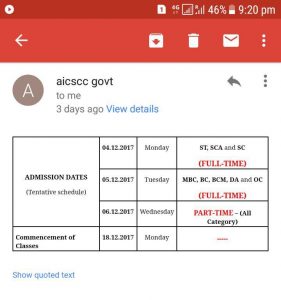 AICSCC 2017-18 Batch Admission Time